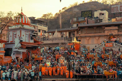 Pilgrims gather at a hindu temple complex.