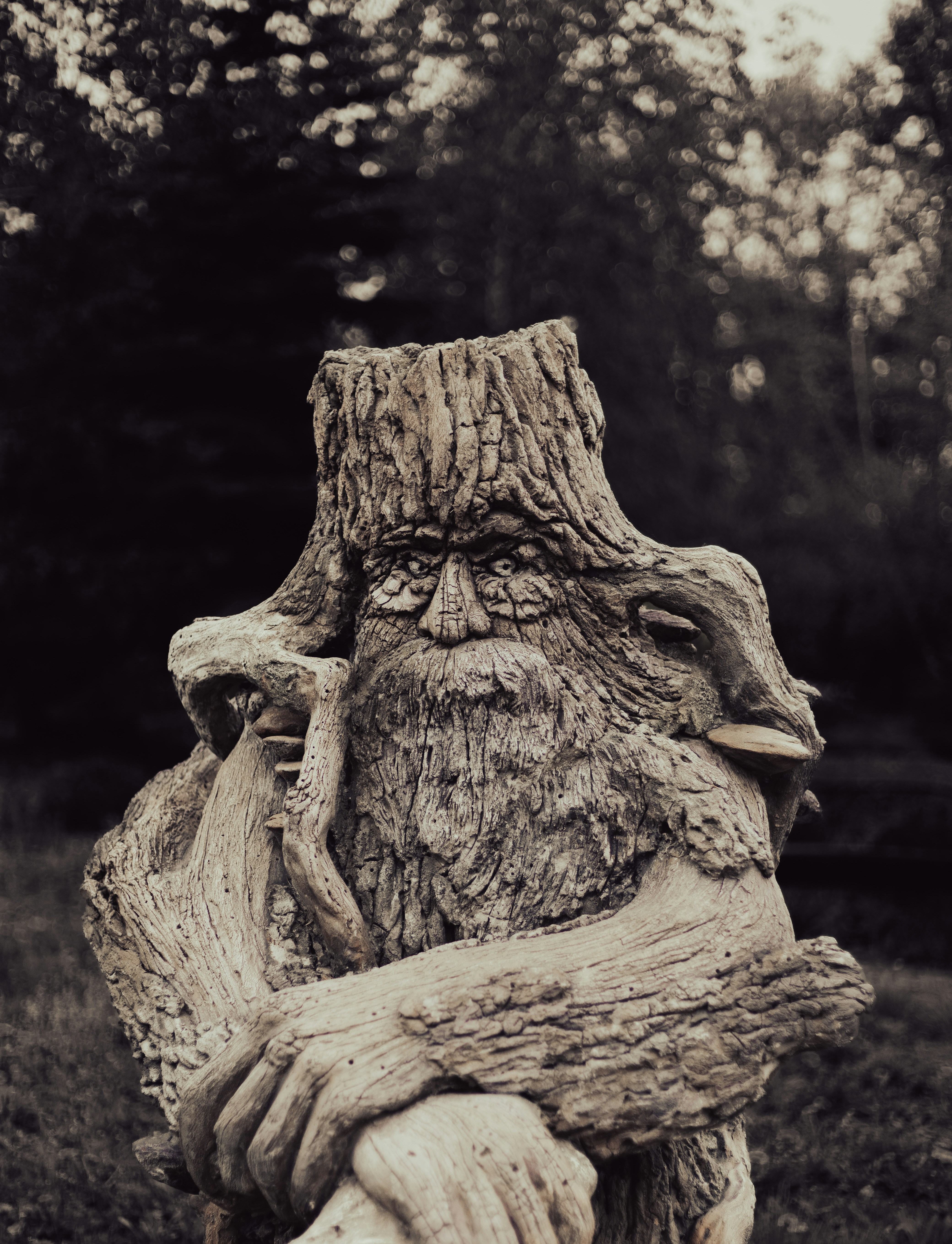A wood carving of a bearded man.