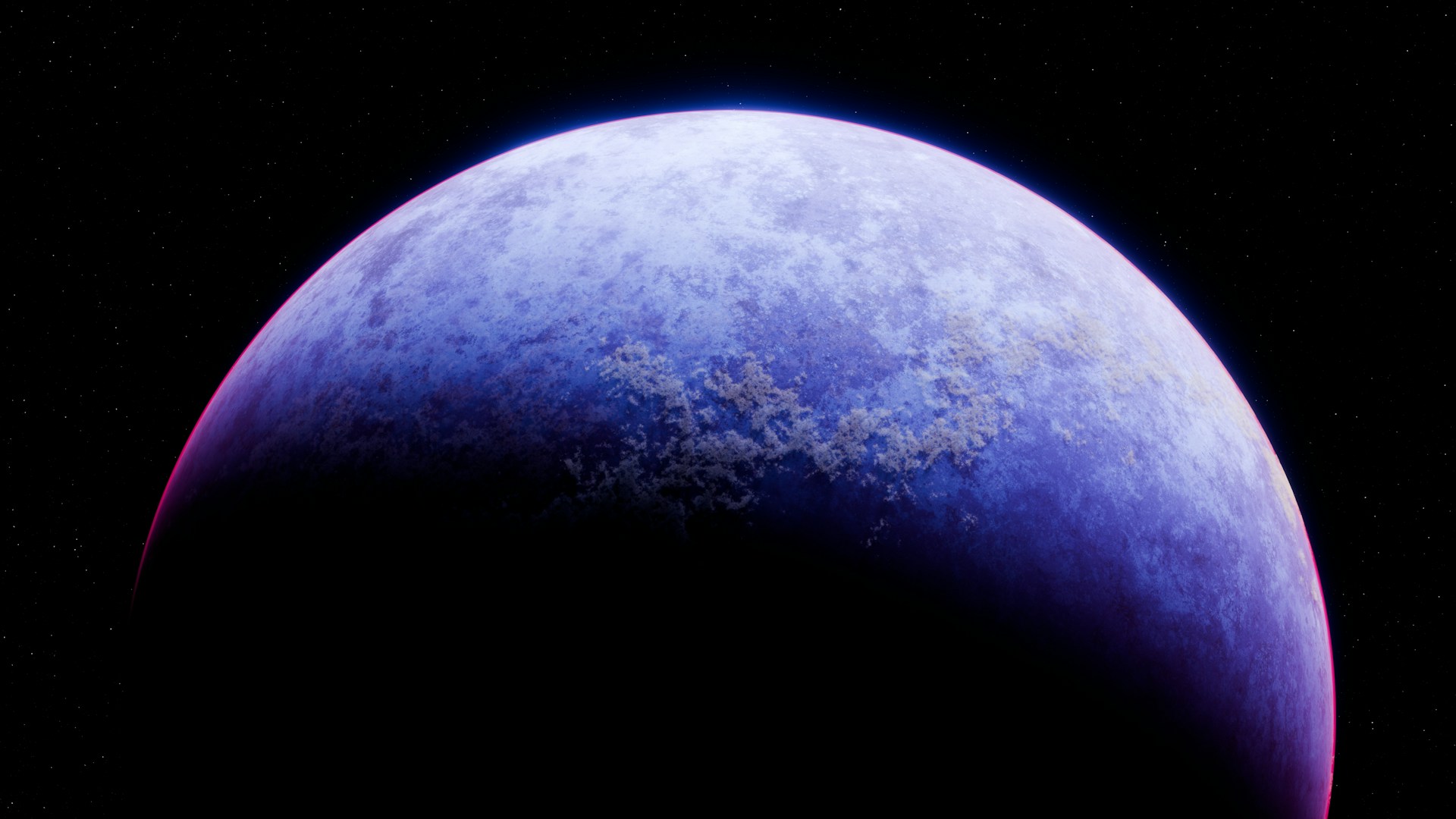 A purple planet shines against the dark cosmos.