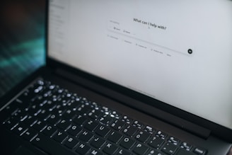 A laptop displays "what can i help with?"