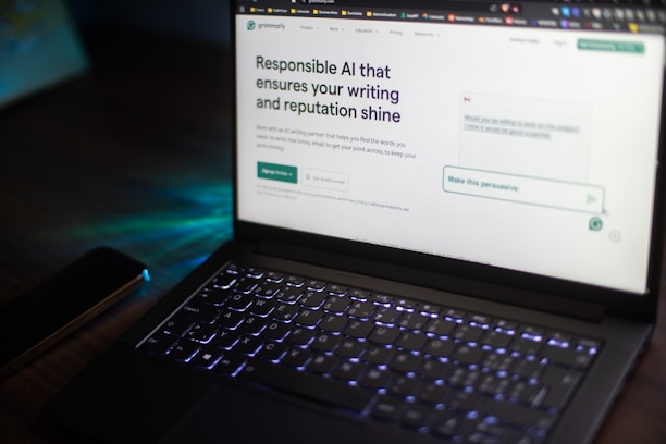 Laptop displays a website about responsible ai writing.