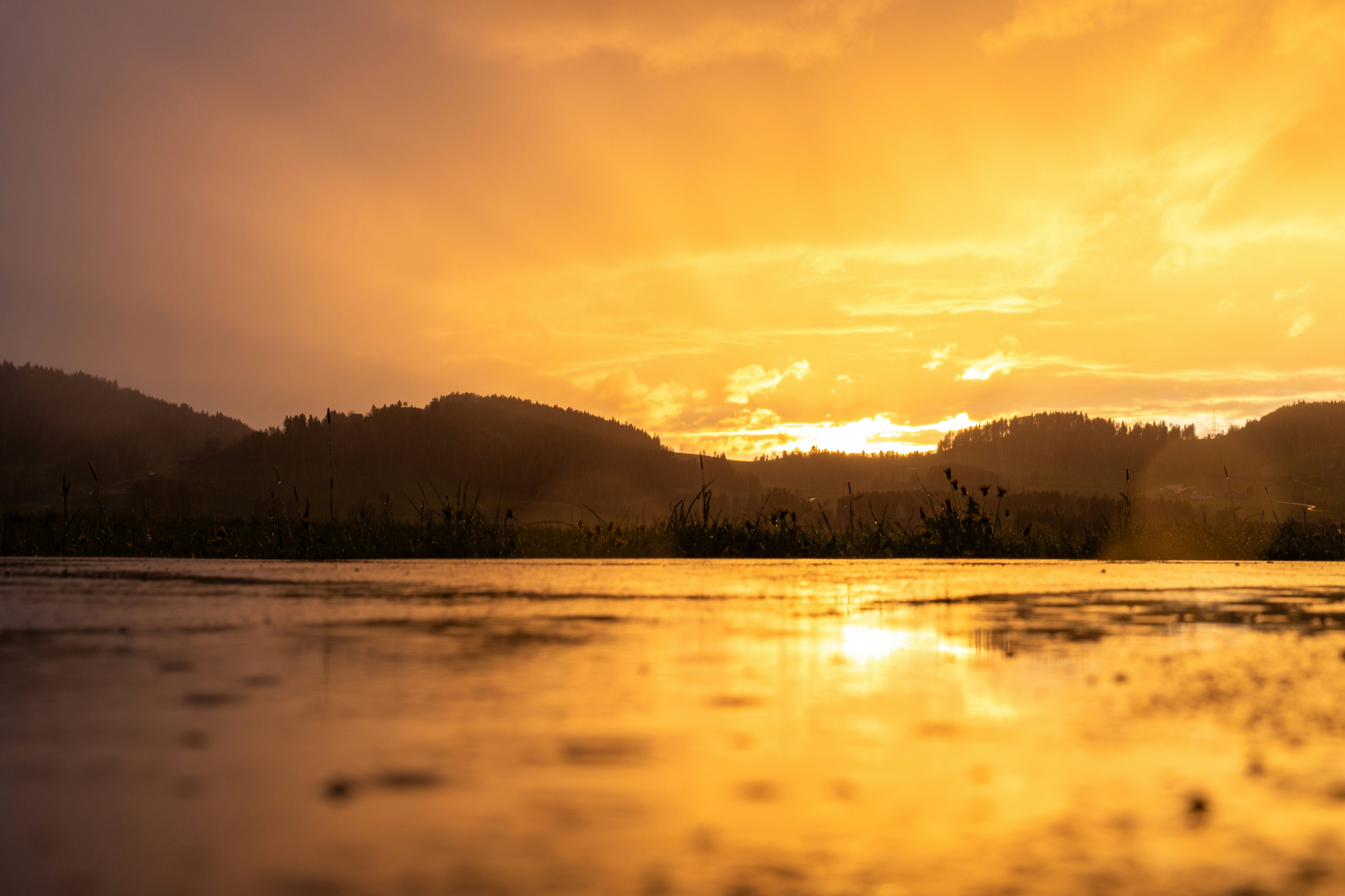 Sunset casts golden light over the water.