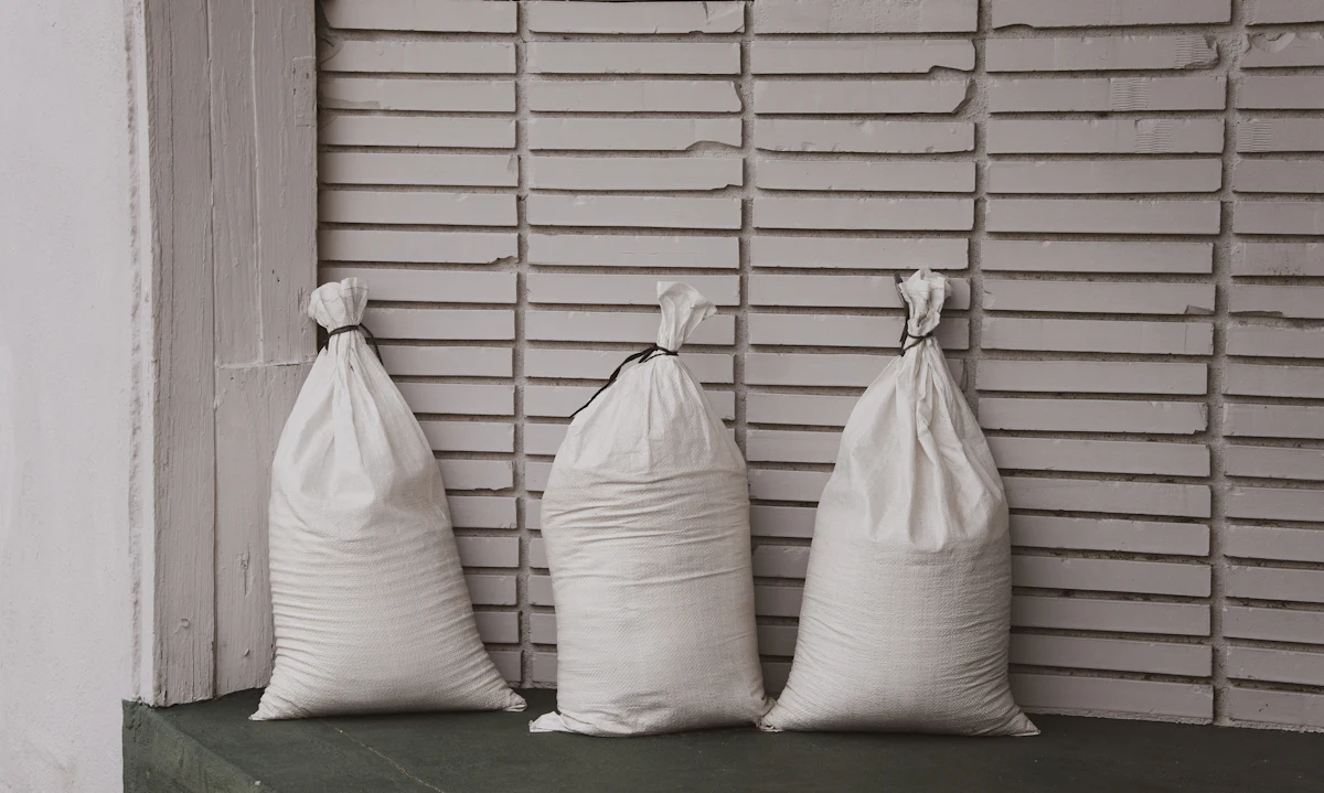 Sandbags stacked against a shuttered doorway
