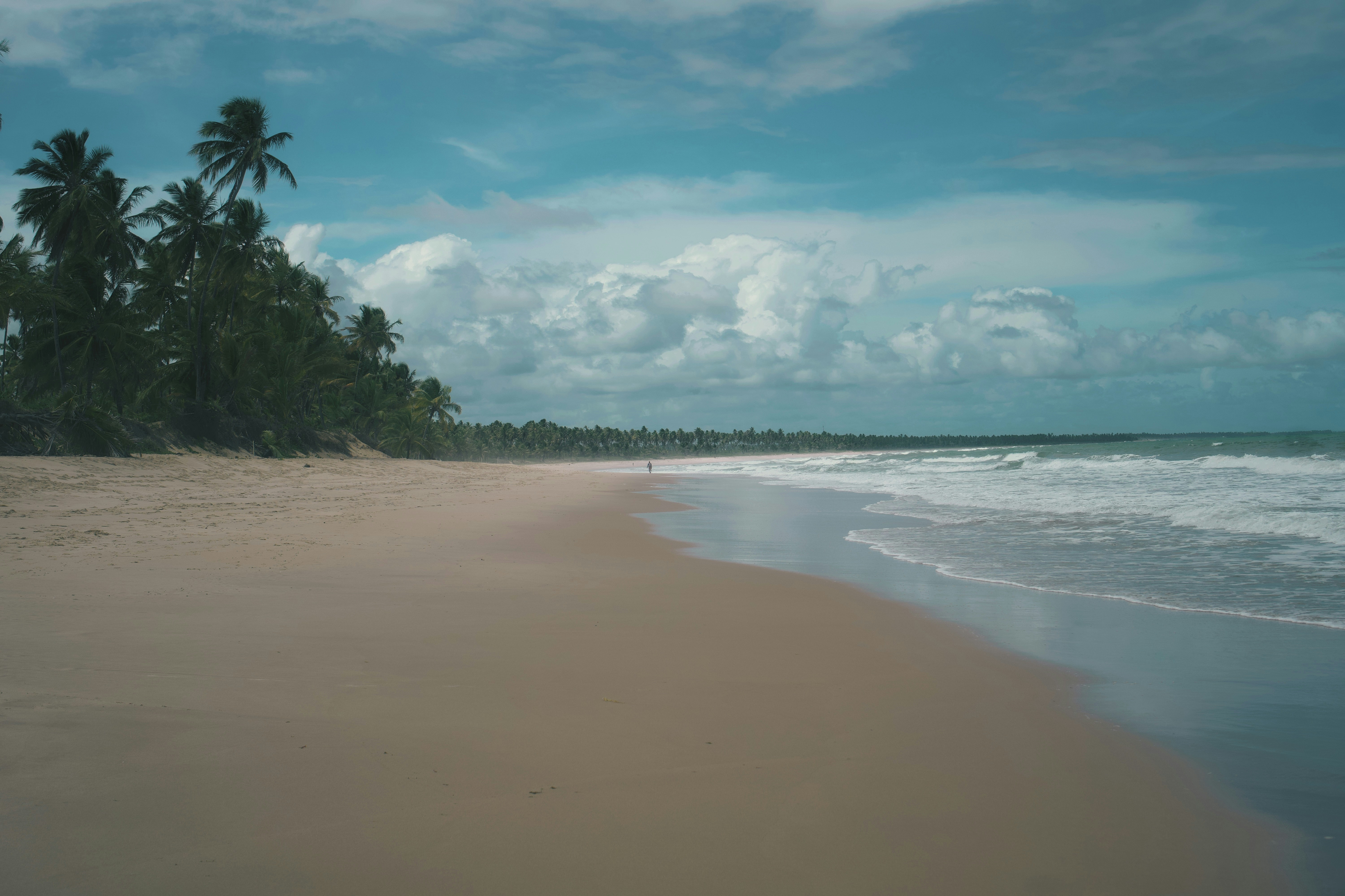 A tropical beach under a beautiful cloudy sky.