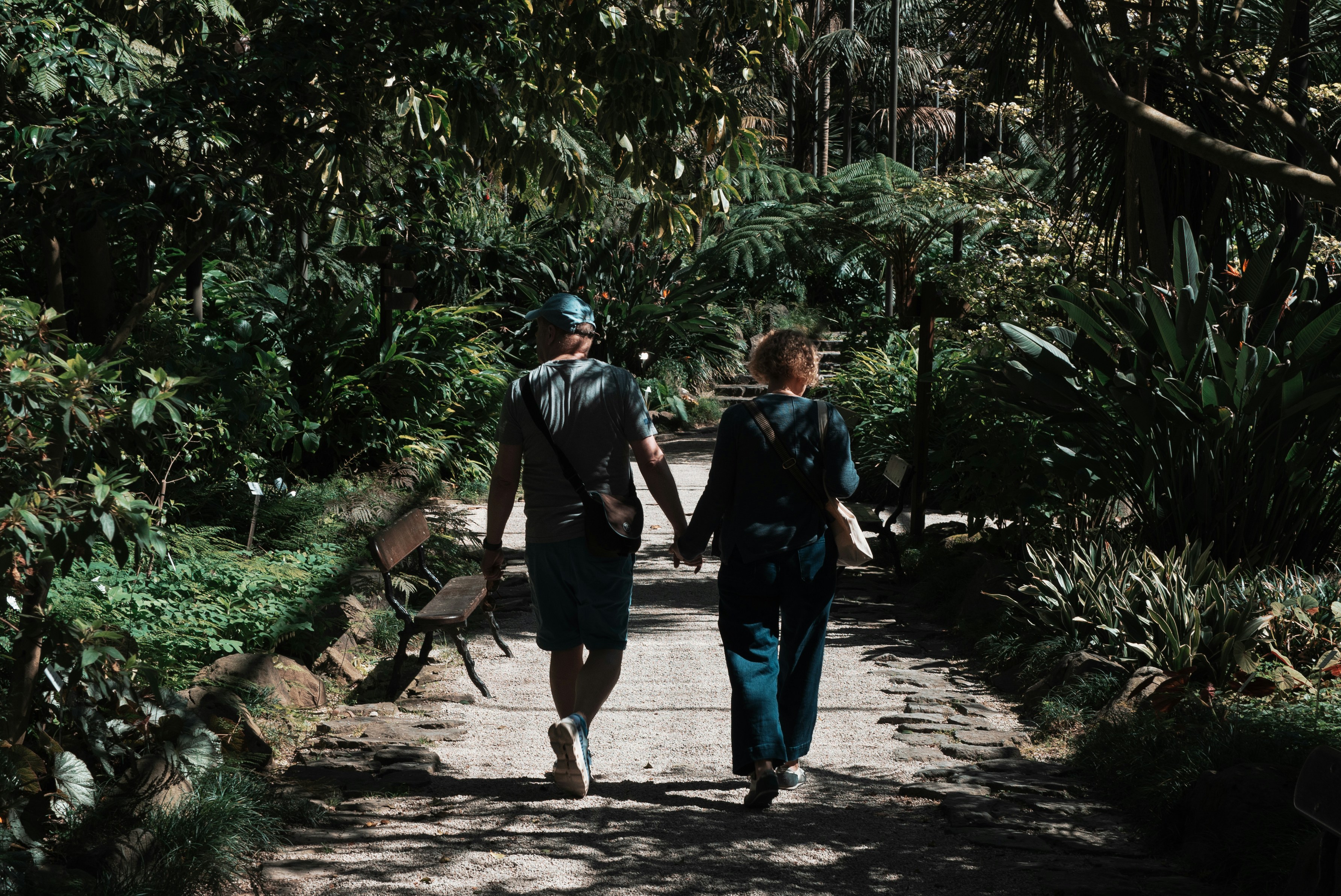 Un couple marche main dans la main sur un chemin.