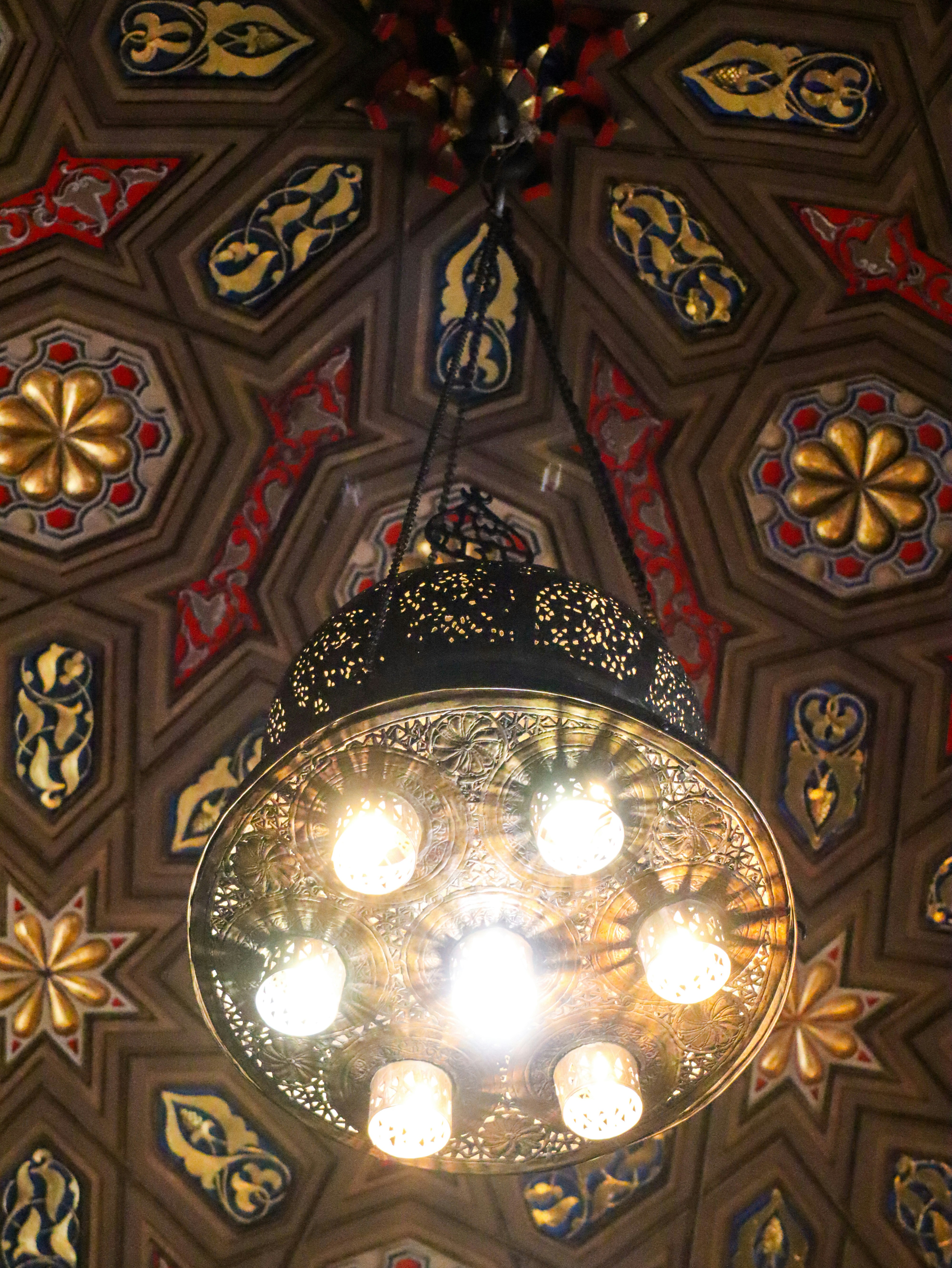 A decorative chandelier hangs from ornate ceiling.