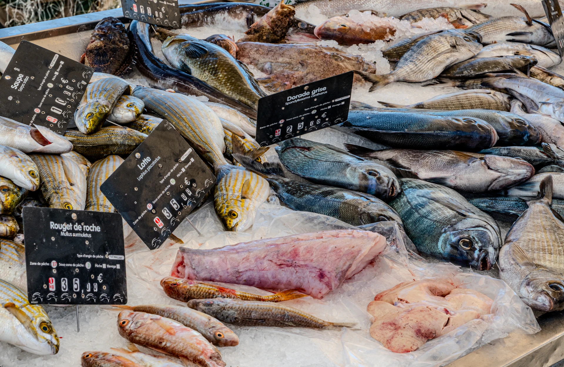 Fresh seafood is displayed on ice for sale.