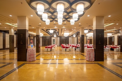 A large banquet hall is ready for an event.