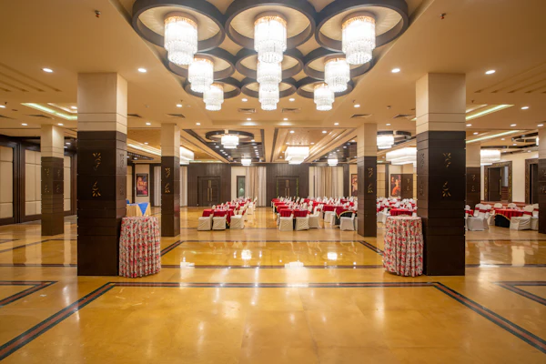 Spacious ballroom ready for an evening reception