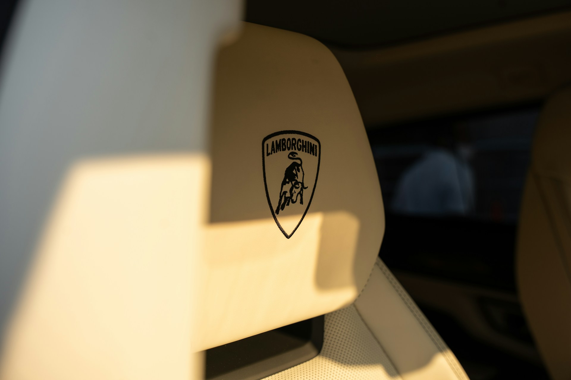 Lamborghini logo on a car headrest.