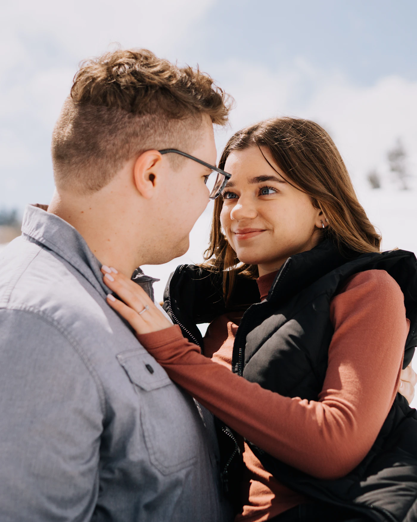Couple looking closely at each other in a quiet moment of connection