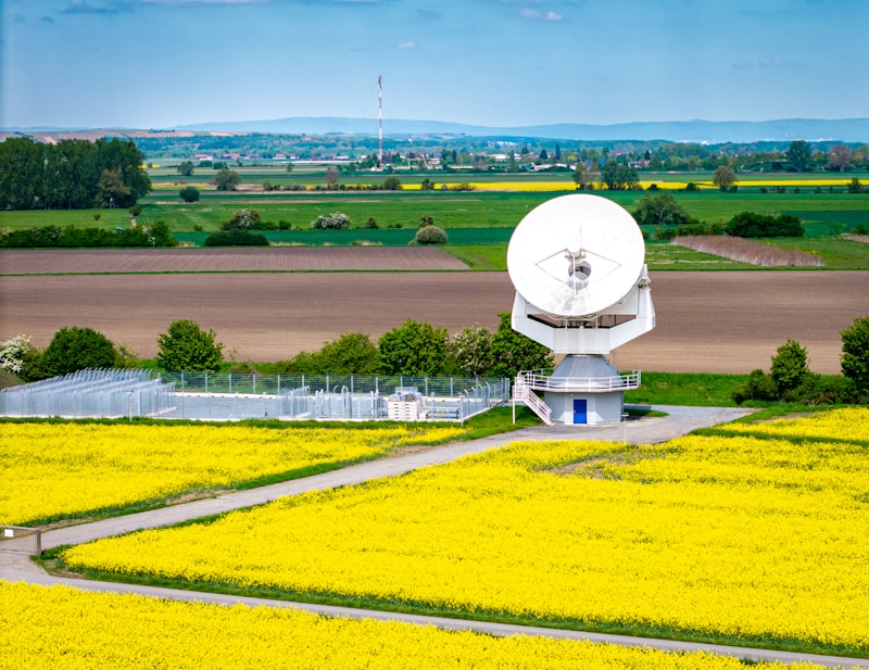 A satellite dish sits amidst fields