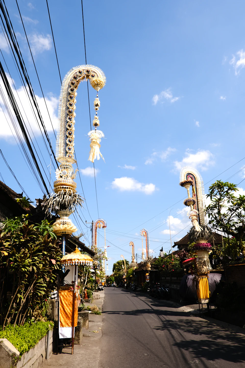 Penjor poles arching over a Balinese street during the Galungan-Kuningan festival period in dry season