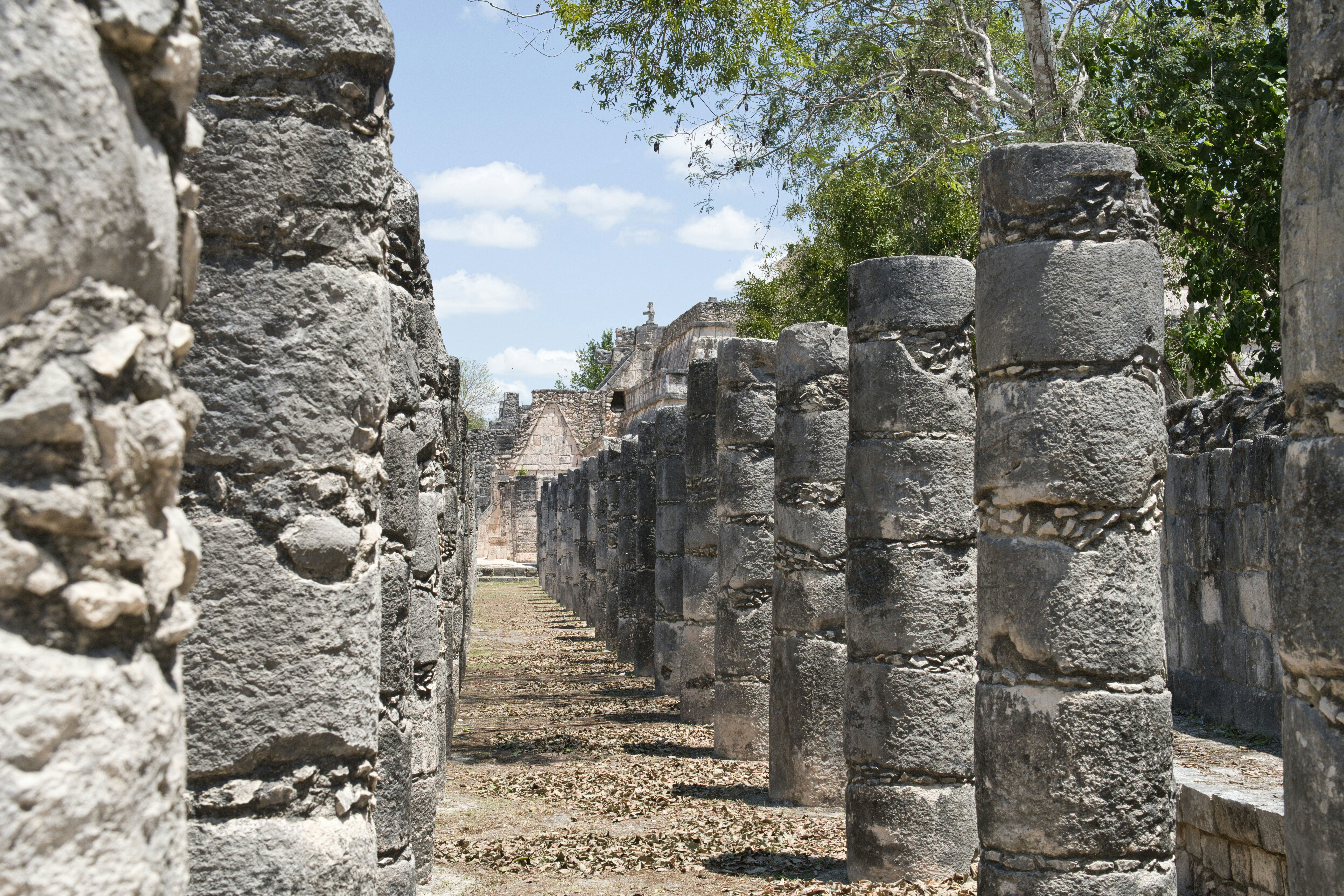 Ancient columns stand in an old mayan temple.