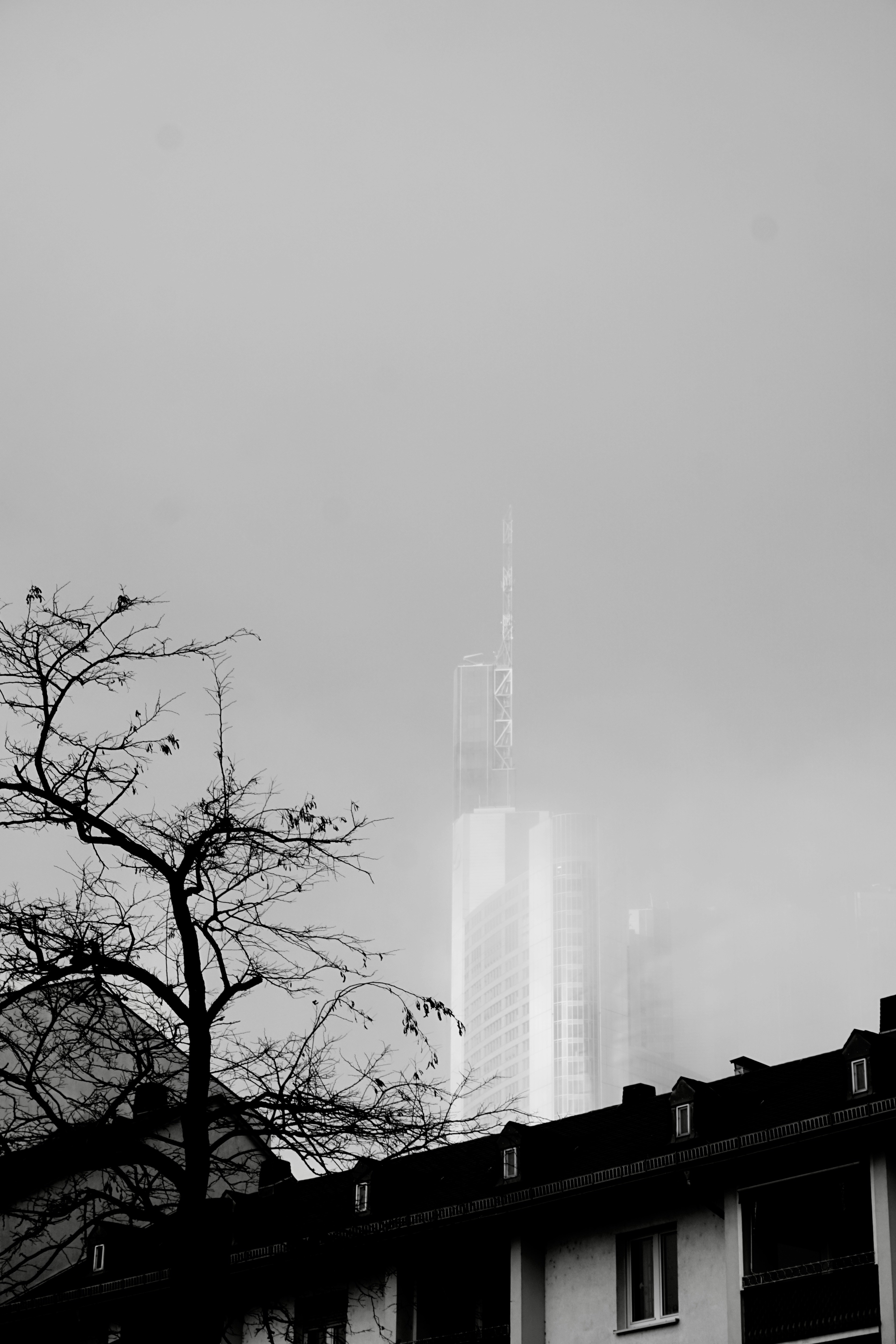 A tall building peeks through foggy skies.