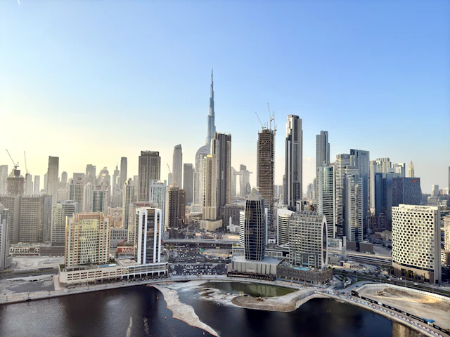 Dubai skyline with Burj Khalifa across Business Bay