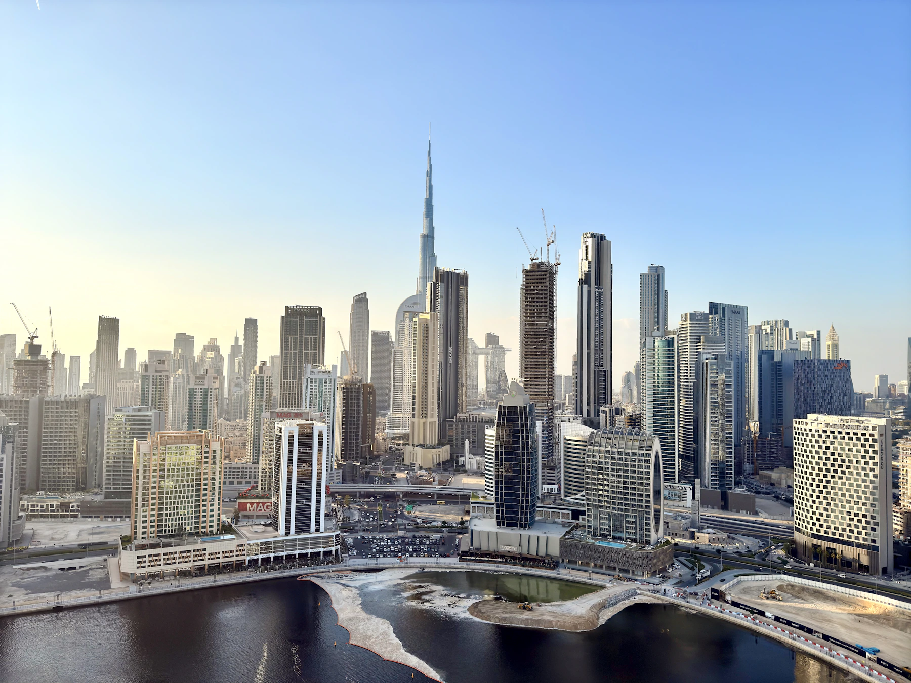 Burj Khalifa and the Dubai skyline viewed across Business Bay