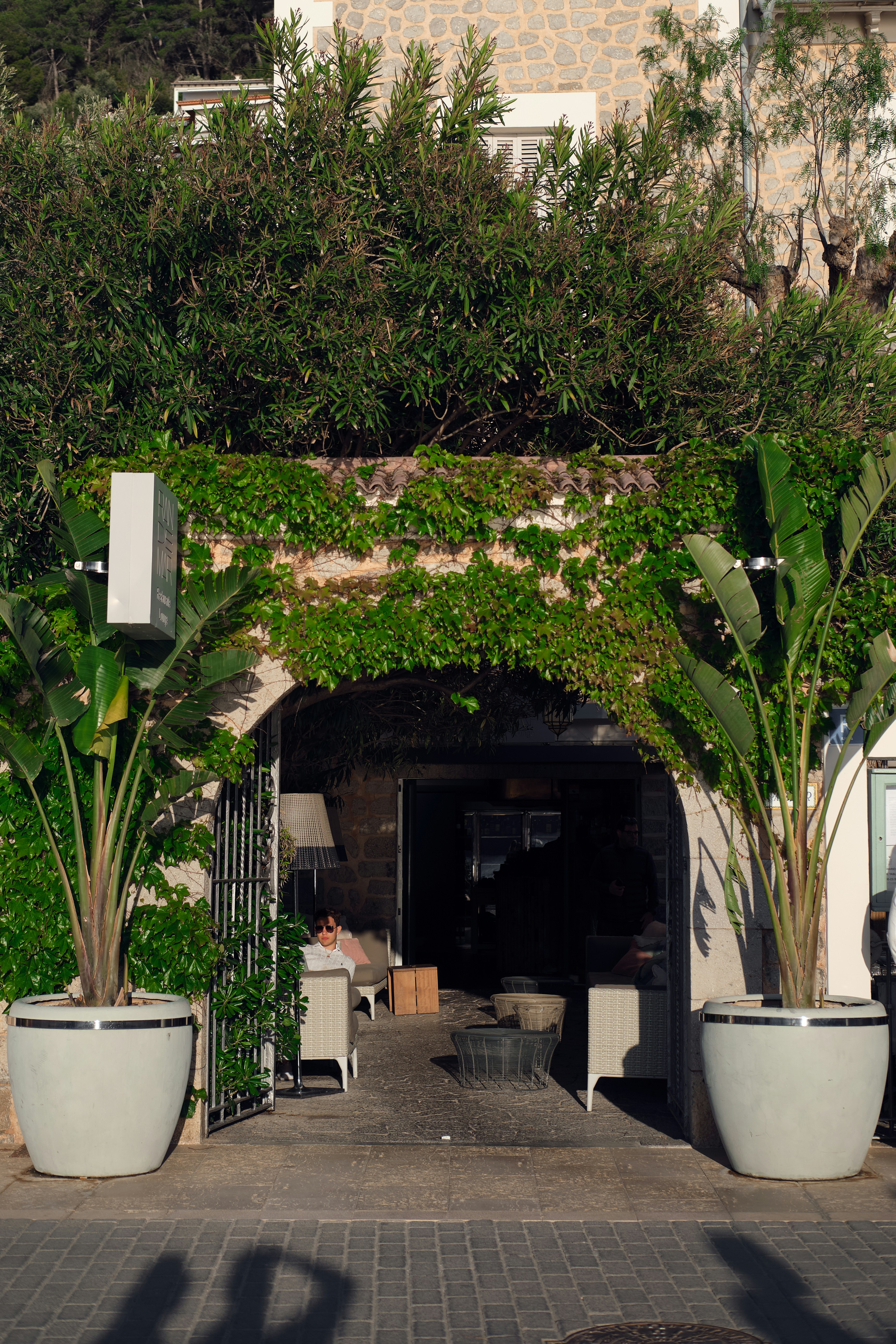 Plants frame a doorway leading inside the building.