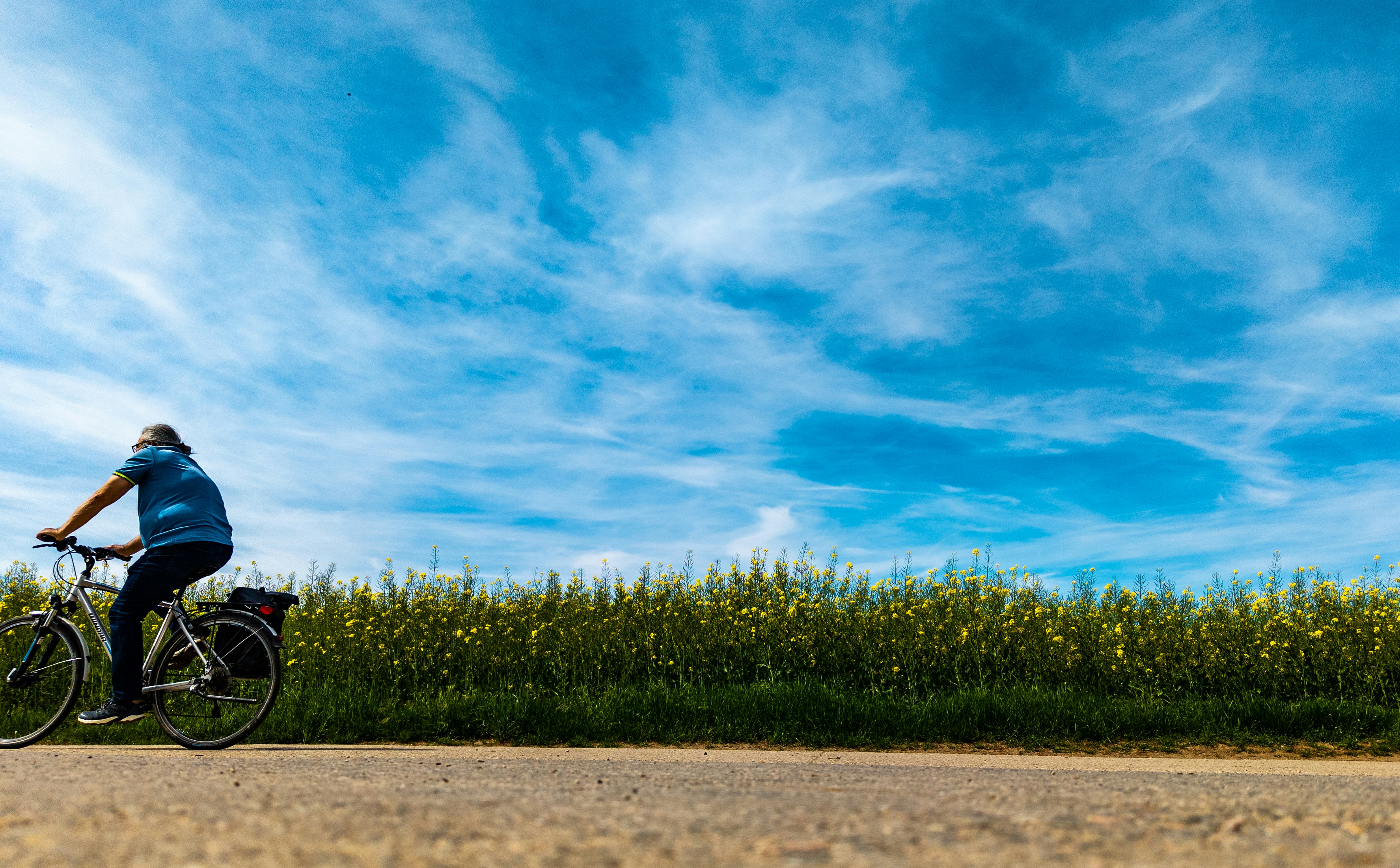 A person cycles on a sunny day.