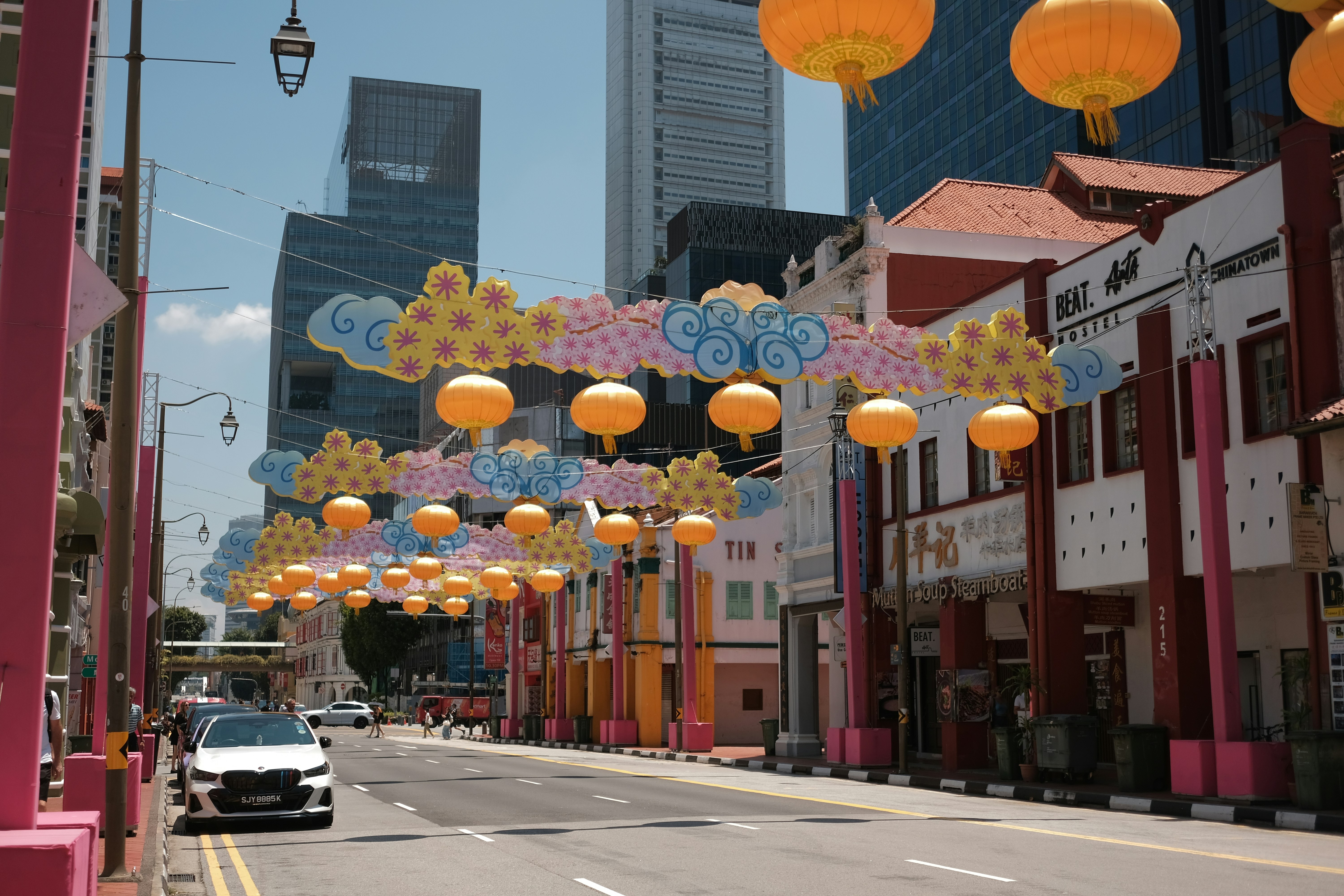 A decorated street in a city.