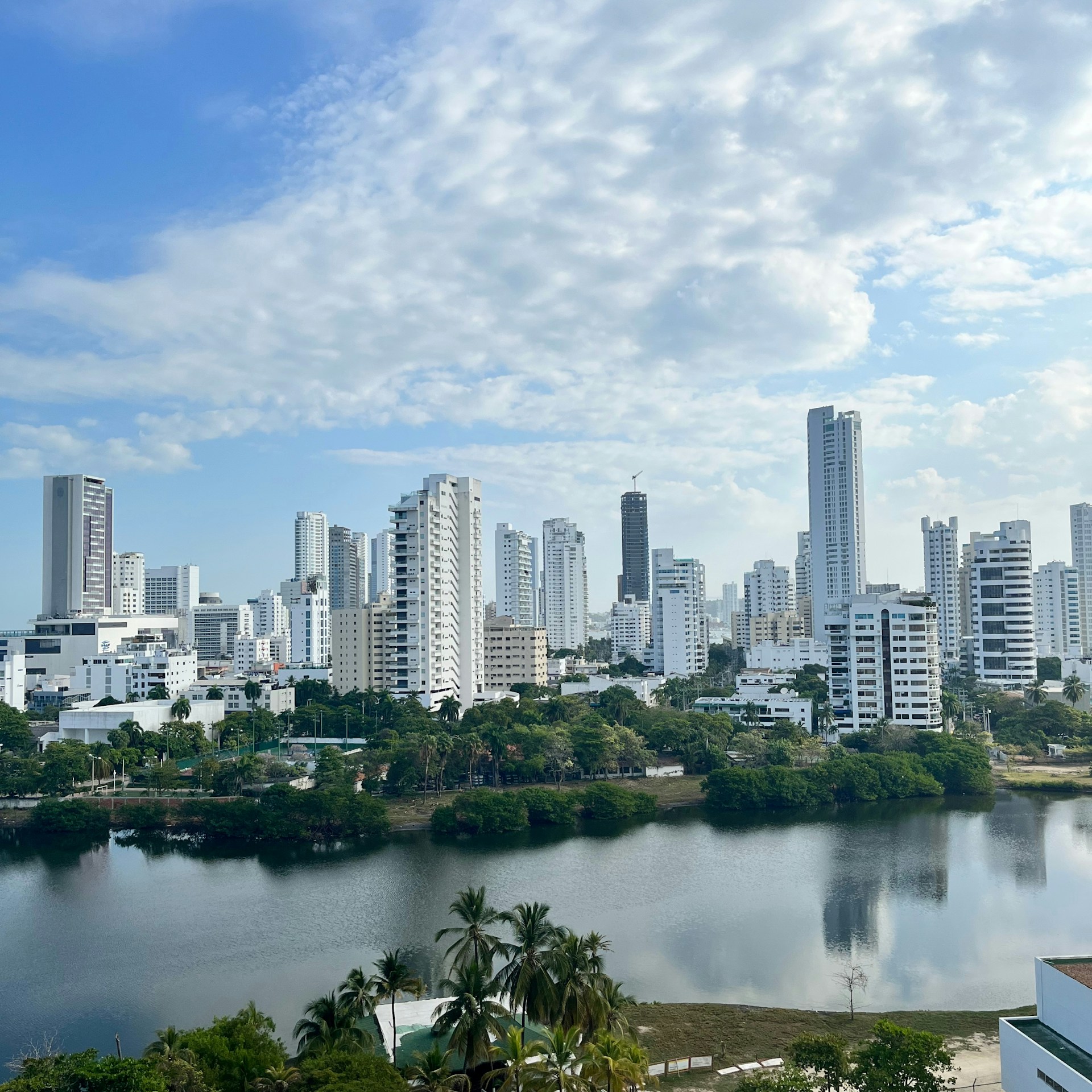 A city skyline stands beside calm water.