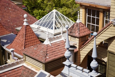 Here's a short caption for the image: roofs of a distinctive building.