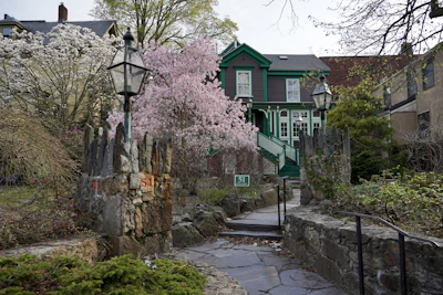 A charming house is surrounded by beautiful spring flowers.