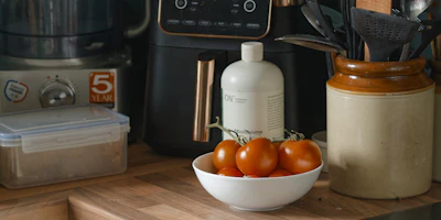 Tomatoes and kitchen appliances on a counter.