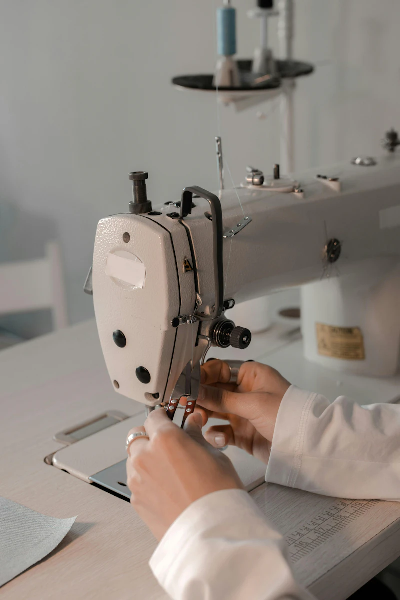Hands guiding fabric through a sewing machine
