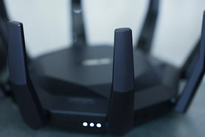 A close-up of a wireless router.