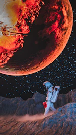 Astronaut exploring a red planet's surface.