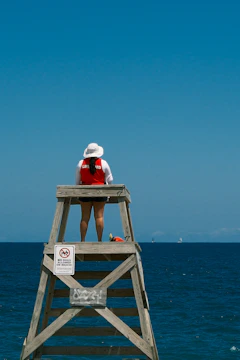 Lifeguard watches the water from a tall tower.