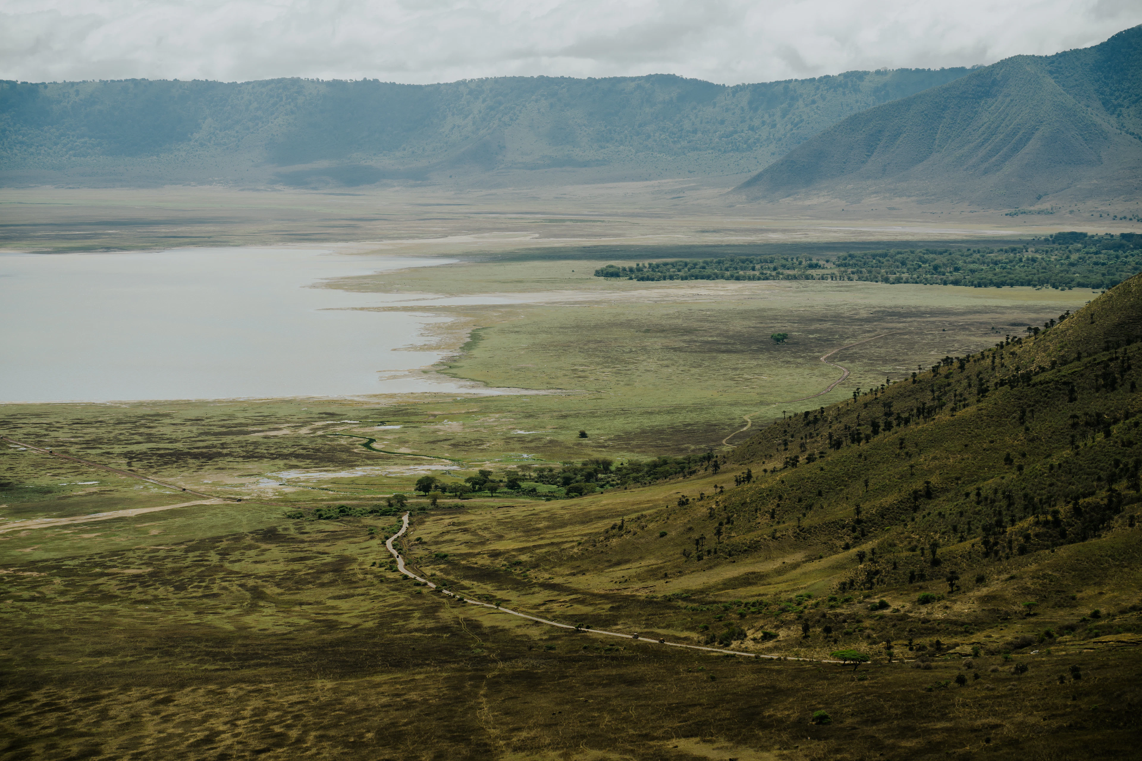 Looking down from the rim to the floor and lake of the Ngorongoro Crater