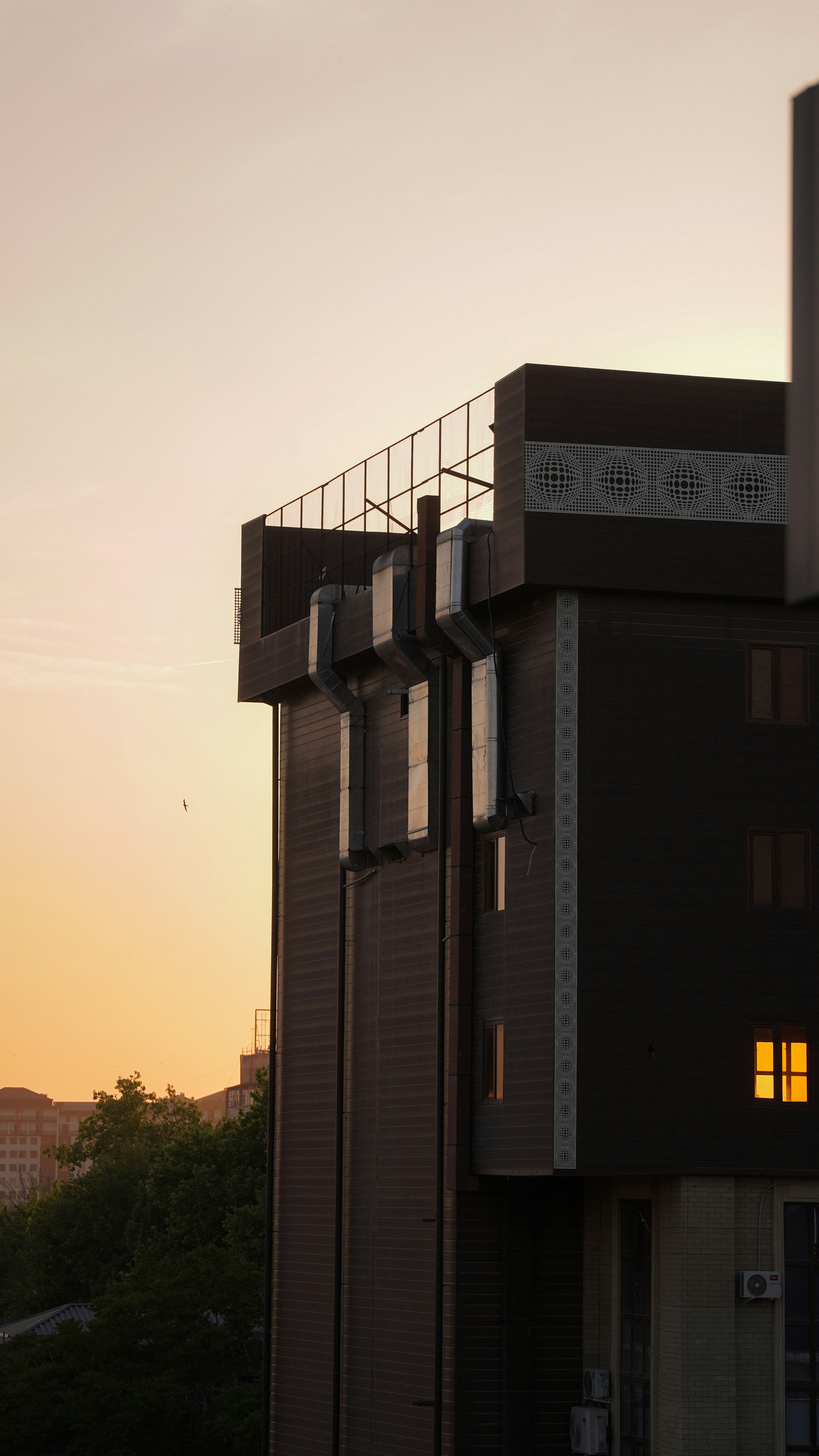 해질녘의 높고 어두운 건물.