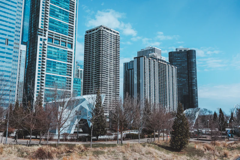 Chicago skyscrapers rising above Maggie Daley Park in the Loop