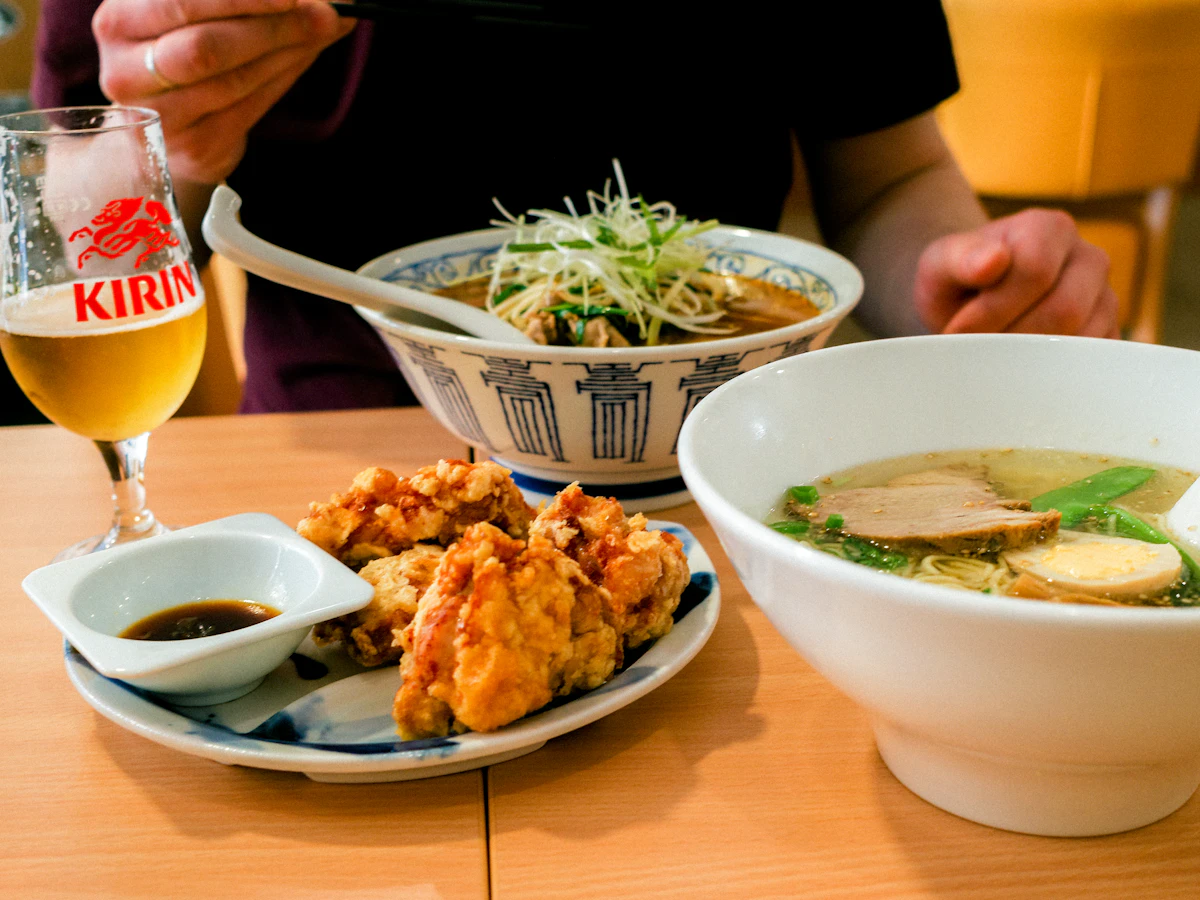 Japanese ramen and fried chicken served together