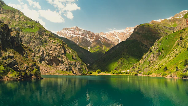 Mountains and a lake create a serene landscape.