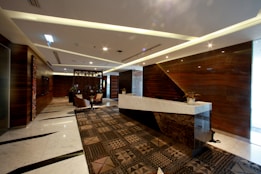 Here's a caption: a modern, stylish office reception area.