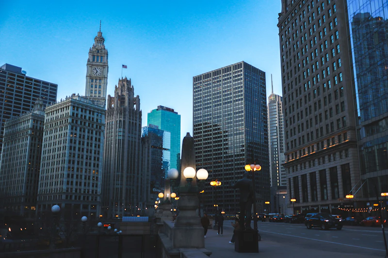 Evening view of the Wrigley Building and Tribune Tower on Chicago's Magnificent Mile
