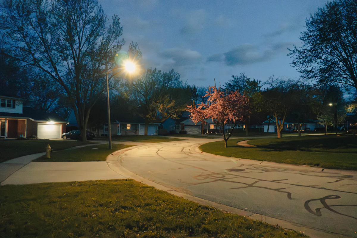 Quiet suburban street in Perrysburg, Ohio at blue hour