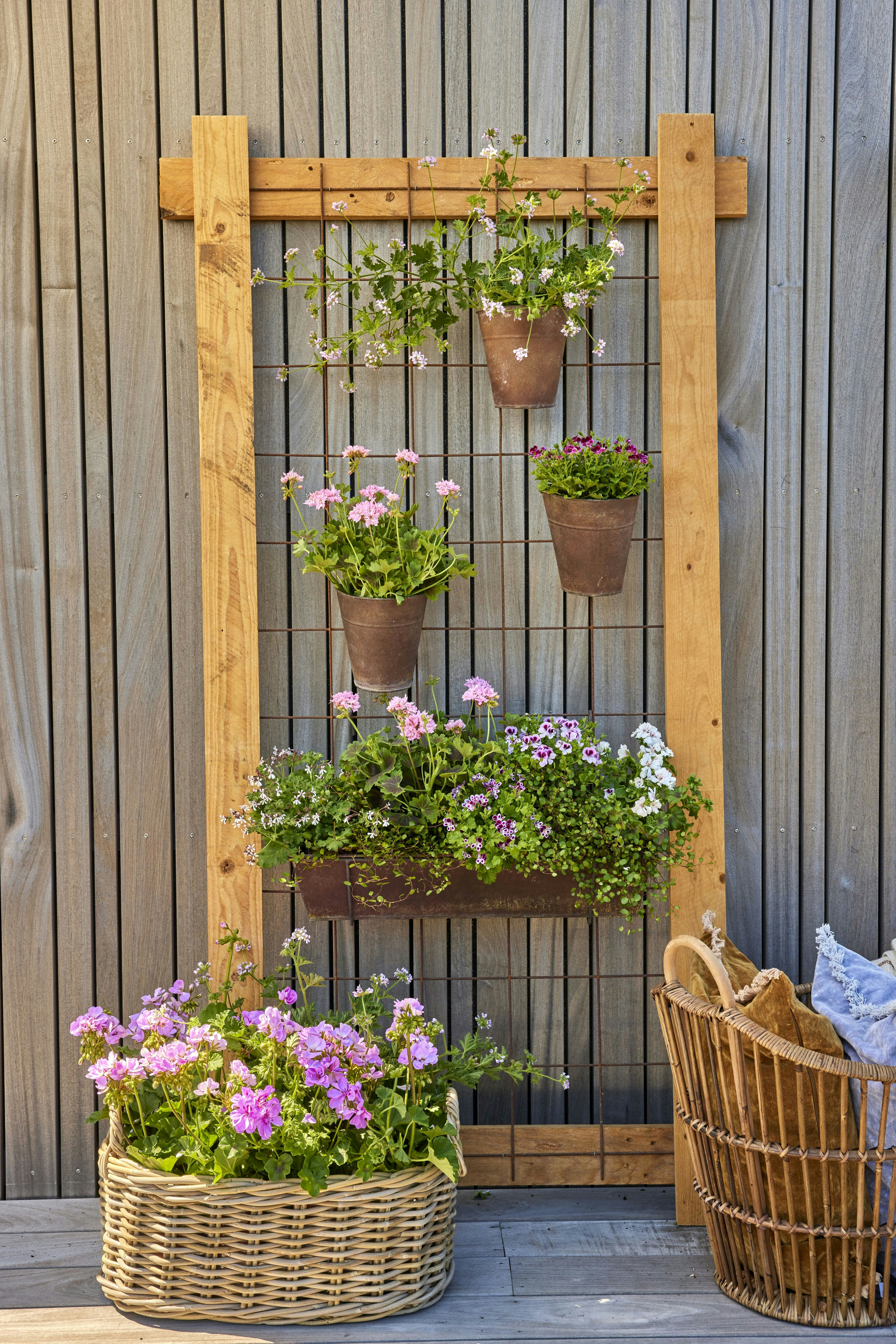 Flowers in pots decorate a wooden trellis.