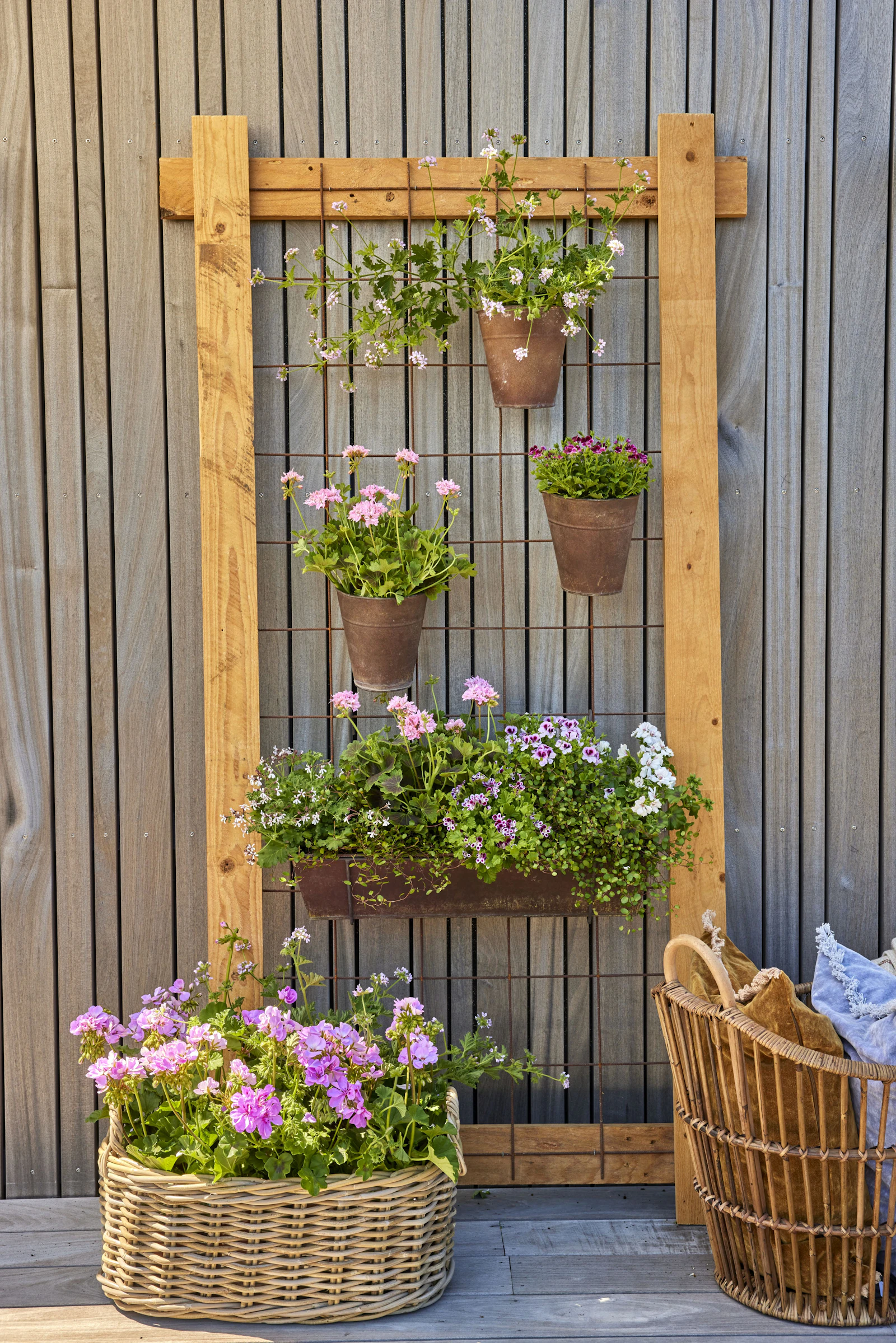 Flowers in pots decorating a wooden trellis