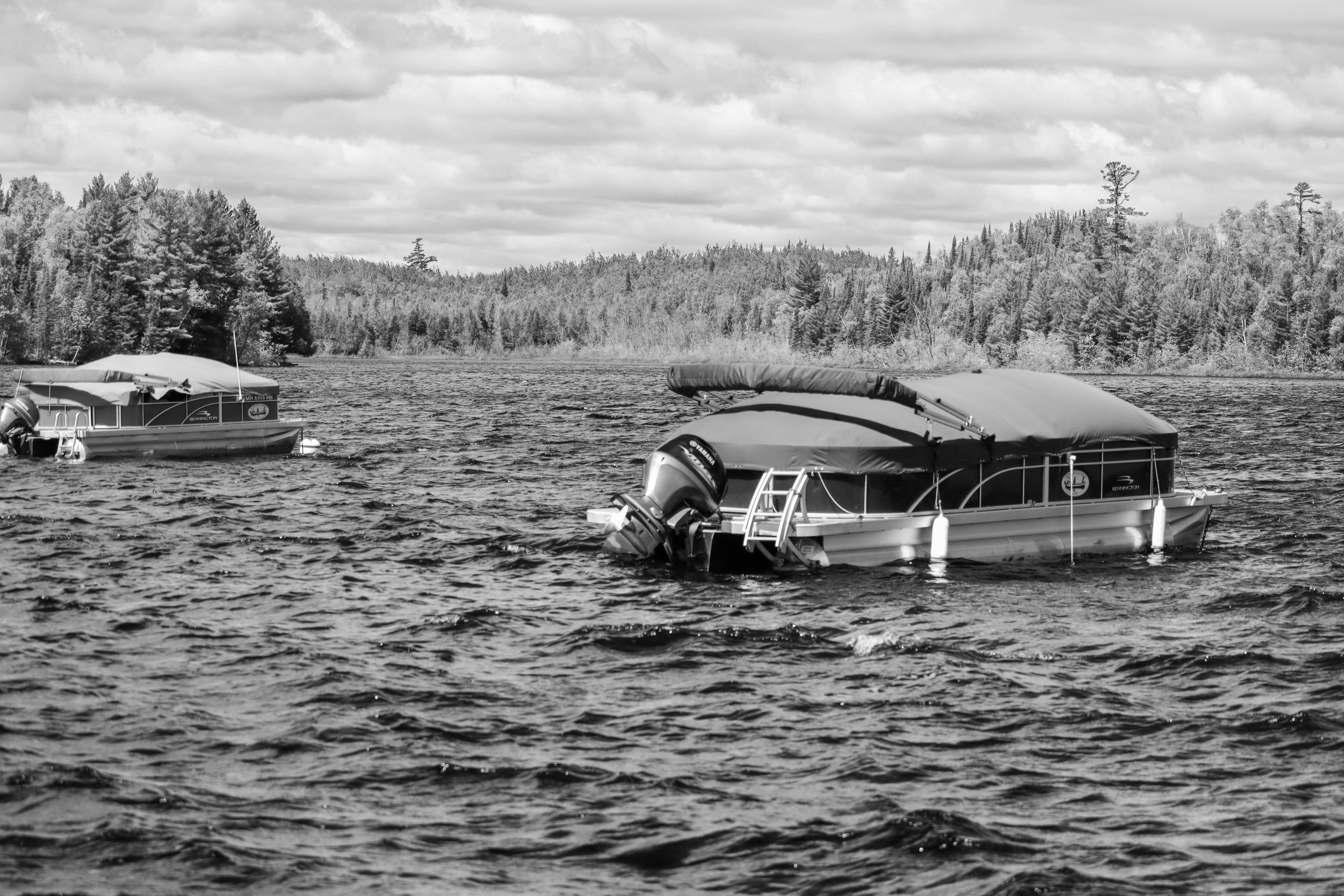 Boats float on a lake with a backdrop of trees.