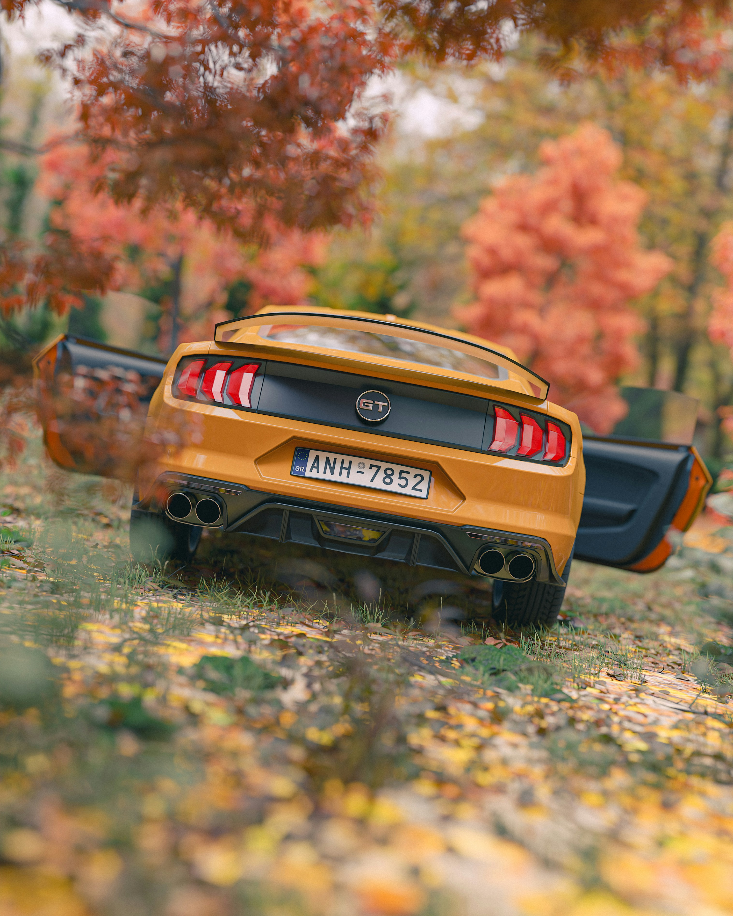 Mustang gt parkt inmitten von Herbstlaub.