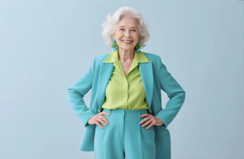 A stylish, smiling older woman poses.