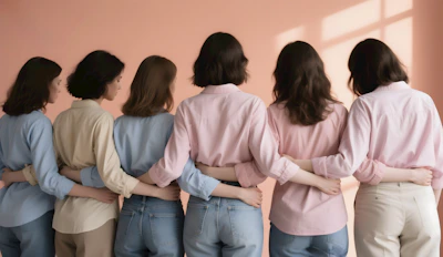 Six women stand together, arm in arm.