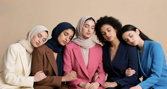 Five women in colorful suits lean on each other.