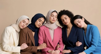 Five women in colorful suits lean on each other.