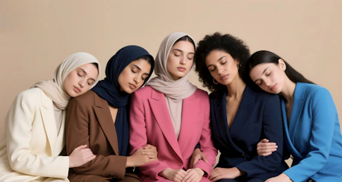 Five women in colorful suits lean on each other.