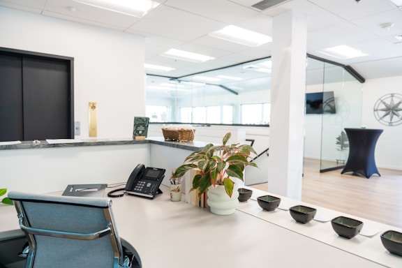 A modern office space with stylish decor.